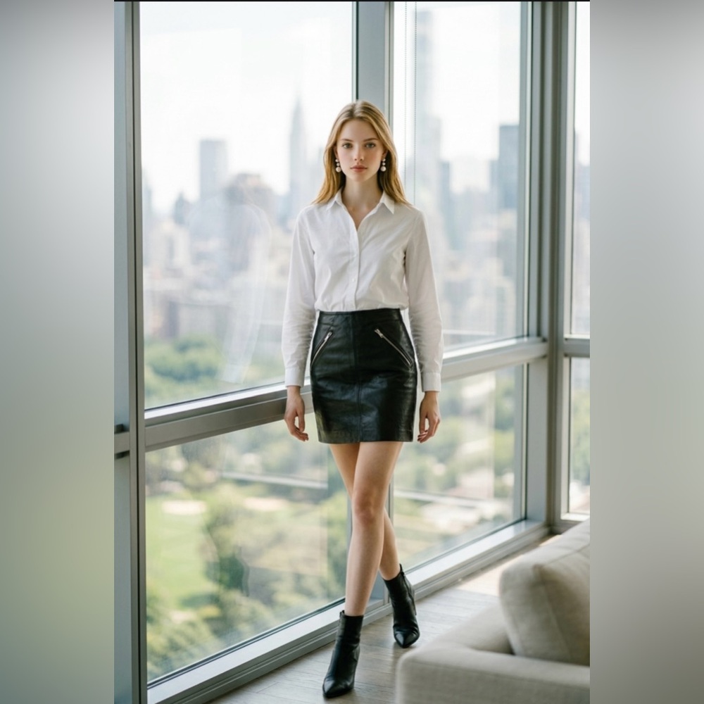 Maje Black Leather Zip-Pocket Mini Skirt, pre-owned, size 34.